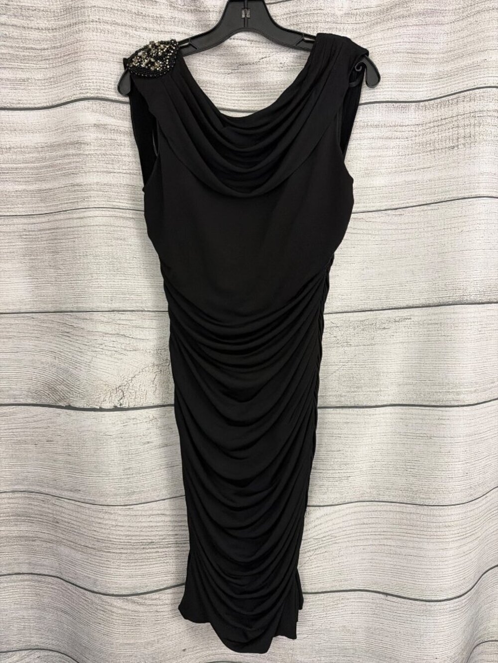 Cachet Black Ruched Sleeveless Dress With Beaded Shoulder Detail Size 12